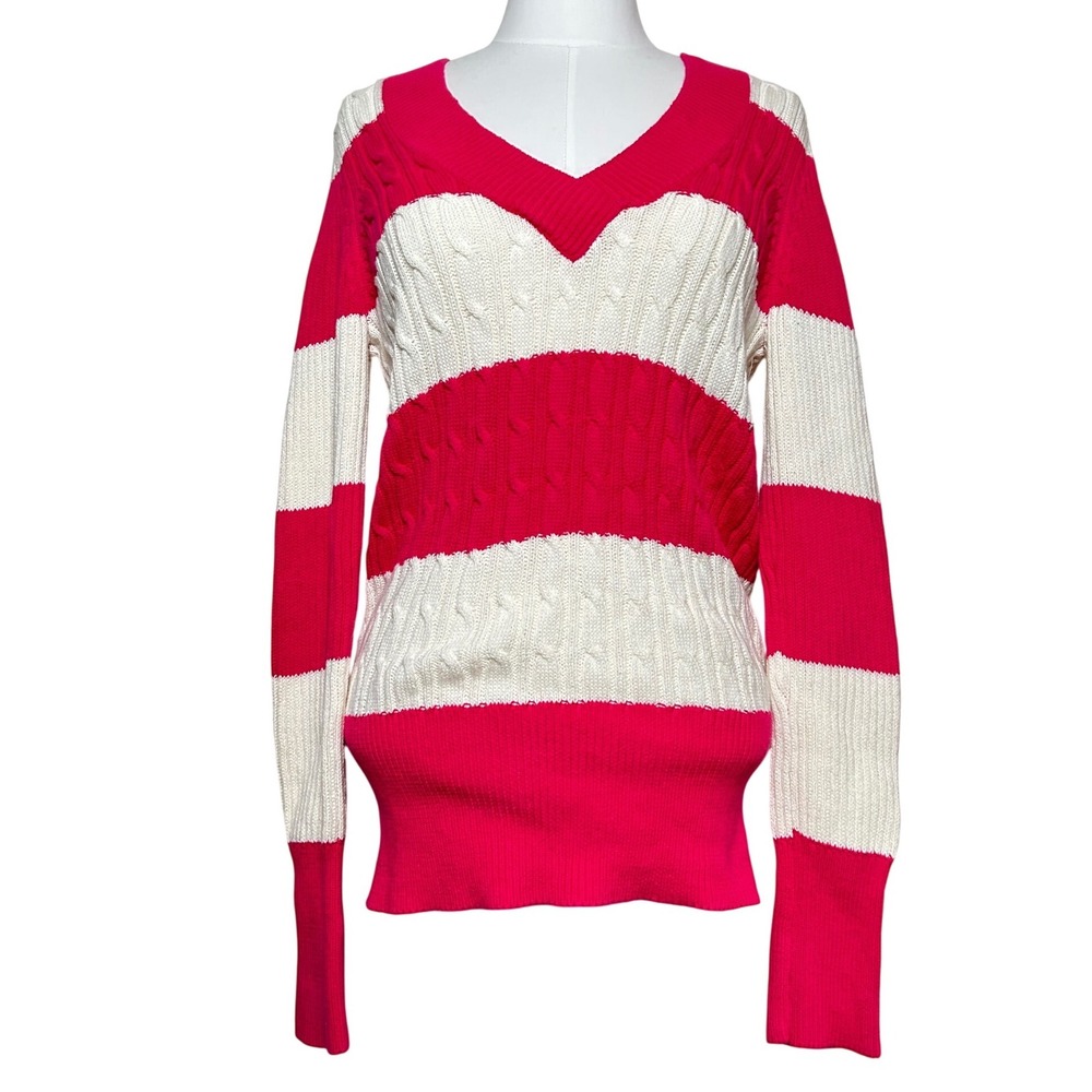NWT Y2K Faded Glory Women's Pink White Striped Cable Knit V Neck Sweater‎ M